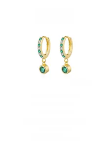 Detail of S925 silver 14K gold earrings with emerald green cubic zirconia stones