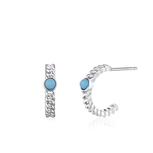 925 Sterling Silver Turquoise Stud Earrings Niche Design Braided Texture Vintage C-Shape Earrings Jewelry For Women Gift