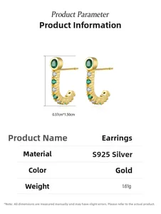 Detailed product parameters of S925 sterling silver J-shaped earrings with green zircon