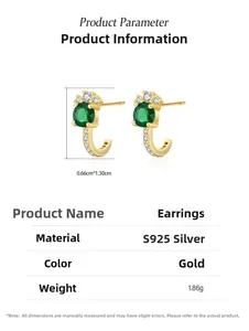 Detail view of J-shaped S925 silver emerald stud earrings with size 0.66cm x 1.30cm