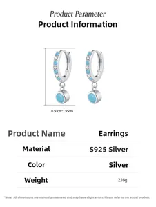 Detail of S925 silver turquoise earrings showing dimensions of 0.50cm by 1.95cm