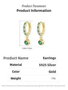 Detailed size specifications for gold S925 silver emerald earrings 0.50cm by 1.95cm
