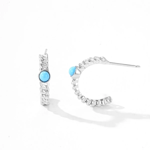 S925 sterling silver turquoise C-shaped stud earrings with vintage woven texture