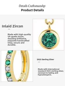 Macro detail of S925 sterling silver emerald earrings with premium 5A grade zircon stones