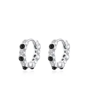 925 Sterling Silver Black White Zirconia Hoop Earrings For Women Punk Niche Design Cool Geometric Round Ear Jewelry Earrings