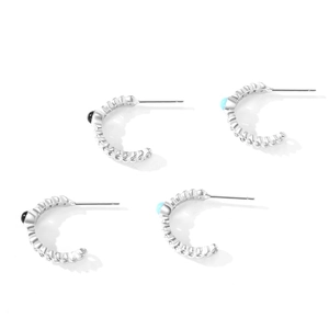 Vintage S925 sterling silver woven C-shape hoop earrings with black and turquoise stones