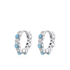 Élégantes Boucles d'Oreilles Créoles en Argent Sterling 925 avec Turquoise pour Femmes Vintage Géométriques avec Strass Incrustés Bijoux Cadeau