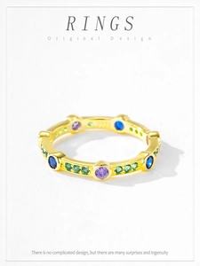 Detailed close-up of S925 silver gold-plated ring with colorful round zircon stones