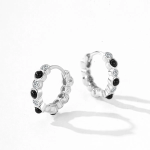 S925 sterling silver hoop earrings featuring black stones and white cubic zirconia stones