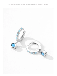 Detailed close-up of S925 sterling silver earrings with blue zircon stones and hallmarks