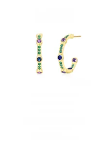 Detail of gold C-shaped earrings with colorful purple, blue, and green gemstones