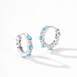 Élégantes créoles en argent sterling 925 avec turquoise et zircons incrustés