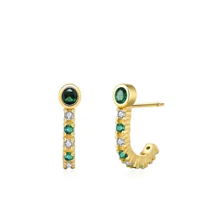 Vintage S925 Sterling Silver Green Zirconia Stud Earrings Gold Plated Geometric J Shaped Exquisite Jewelry For Women Gift