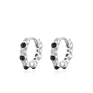 S925 sterling silver hoop earrings with alternating black and white cubic zirconia stones