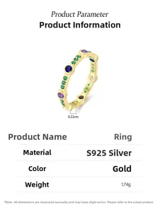 Detailed specs of S925 silver ring with multi-color zircons and 0.22cm width