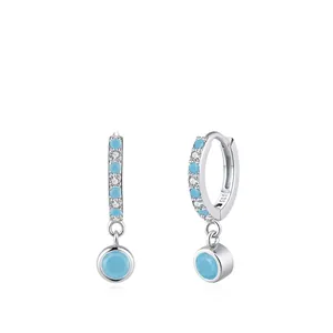925 Sterling Silver Vintage Turquoise Drop Earrings For Women Zirconia Inlaid Round Geometric Hoop Earrings Niche Jewelry