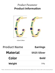 Detailed view of S925 sterling silver C-shaped earrings with colorful zircon stones