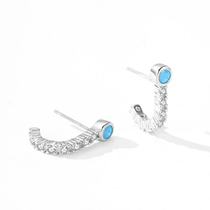 S925 sterling silver J-shaped earrings with turquoise stones and clear zircon pave crystals
