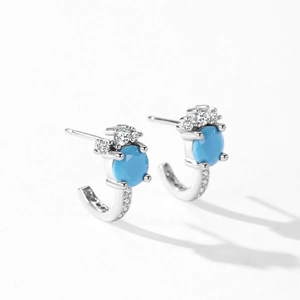 S925 Sterling silver J-shaped turquoise stud earrings with sparkling cubic zirconia accents