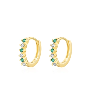 Boucles d'oreilles huggie en argent S925 doré 14K avec zircons verts et blancs chic