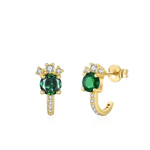 S925 Sterling Silver Emerald Green Zirconia Stud Earrings For Women Vintage Gold Plated Round Geometric Inlaid Jewelry Gift