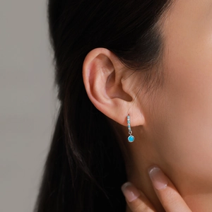 Elegant S925 silver hoop earrings with sparkling zircon and round turquoise pendants