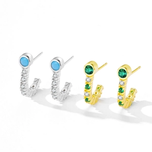 Vintage S925 silver stud earrings with turquoise and emerald geometric micro-inlay