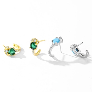 S925 sterling silver emerald and blue zircon stud earrings in gold and silver finish