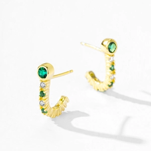 Vintage S925 sterling silver J-shaped gold studs with green zircon and white crystals