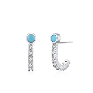 S925 sterling silver turquoise stud earrings with C-shaped design and cubic zirconia accents