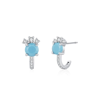 Elegant S925 silver J-shaped turquoise stud earrings with sparkling white zircons