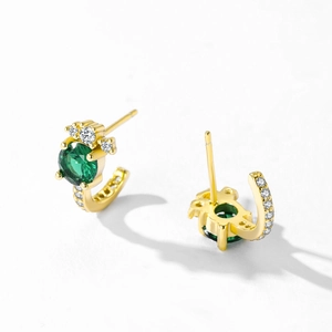 Elegant gold S925 silver stud earrings with emerald zircon and small white diamonds