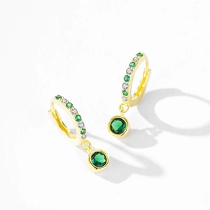Elegant S925 sterling silver hoop earrings with green zircon and 14K gold plating