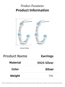 Detailed size specifications of S925 silver turquoise hoop earrings with measurements