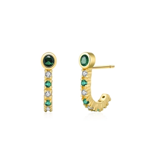 Elegant gold-plated S925 silver J-shaped earrings with green and white cubic zirconia