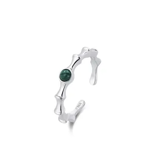 Vintage S925 Sterlingsilber Bambusknoten Offener Ring Für Damen Eleganter Malachit Eingelegter Verstellbarer Chinesischer Stil Schmuck