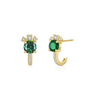 S925 sterling silver emerald cubic zirconia stud earrings in gold with crown detail