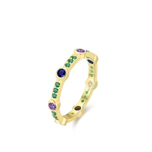 Elegant 925 Sterling Silver Gold Plated Ring For Women Colorful Zirconia Inlaid Wave Band Luxury Fashion Finger Jewelry