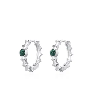 Boucles d'Oreilles Créoles en Argent Sterling 925 Malachite Bambou pour Femmes Vintage Style Chinois Pierre Verte Bijoux Cadeau