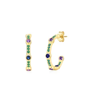 925 Sterling Silver Colorful Zirconia Half Circle Stud Earrings Gold Plated French Light Luxury Geometric C Shaped Earrings