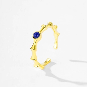 Lapis lazuli bamboo style S925 sterling silver open ring in gold finish