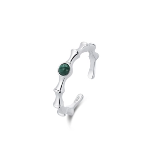 S925 Sterling Silber Ring im Bambus-Stil mit einem runden grünen Malachit Edelstein
