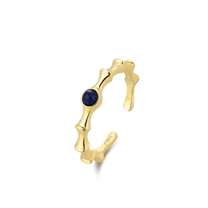 S925 sterling silver bamboo style open ring with a round blue lapis lazuli stone