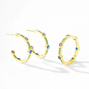 S925 silver gold C-shaped earrings set with colorful zircon stones in vintage style