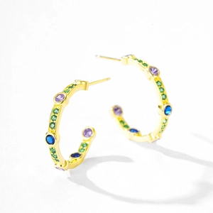 S925 silver C-shaped gold earrings set with multicolored round zircon gemstones