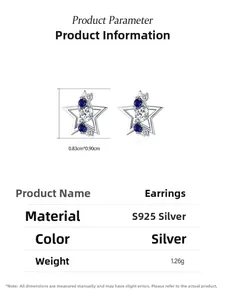 Macro view showing 0.83x0.90cm S925 silver star stud earrings with blue zircon detail