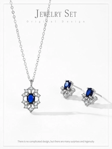 Detailed view of S925 silver sunflower jewelry set with blue sapphire and white zircon