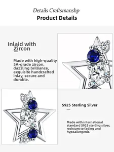 Close-up of S925 sterling silver star stud earrings with blue and white cubic zirconia