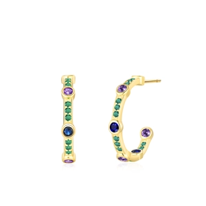 Elegant gold C-shaped earrings with colorful zircon stones on white background