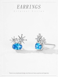 Détail des boucles d'oreilles en argent 925 avec zircon bleu et motifs étoiles polies